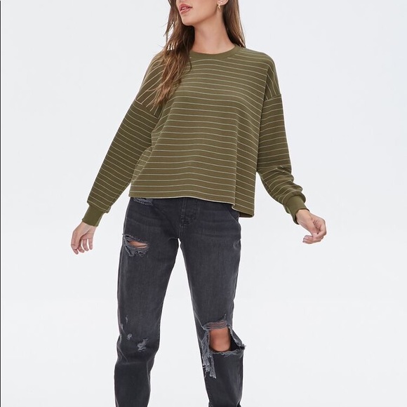 Forever 21 Olive Green Pinstriped Drop-Sleeve Top - Picture 3 of 7